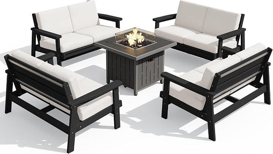 SERWALL Patio Furniture Set with 33” Fire Pit Table, HDPE Outdoor Sectional Sofa Set with Thickened Cushions, Black Frame with Khaki Cushions