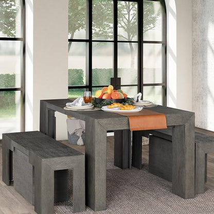 Transformer Table - Solid Wood Extendable Dining Table, Seats 2-12, Expandable Dining Room Table, Space-Saving Furniture, Kitchen and Dining Room Furniture (Dark Grey, Table + 2 Benches)