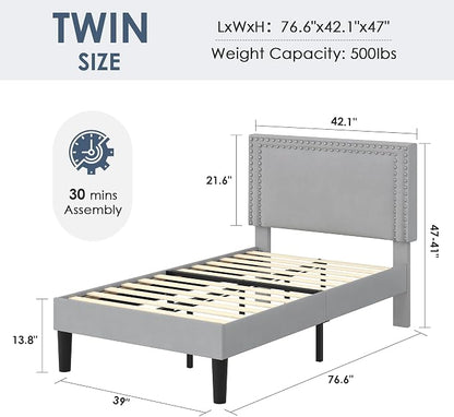 VECELO Twin Size Platform Bed Frame with Height Adjustable Upholstered Headboard, Modern Mattress Foundation,Strong Wood Slat Support, No Box Spring Needed, Easy Assembly,Light Grey