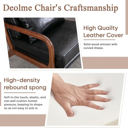 Mid Century Modern Accent Chairs Set of 2 Living Room- Comfy Wood Arm Chair with Lumber Pillow Lounge Decorative Black Faux Leather Office Side Chair for Bedroom Reading Waiting Room Easy Assembly