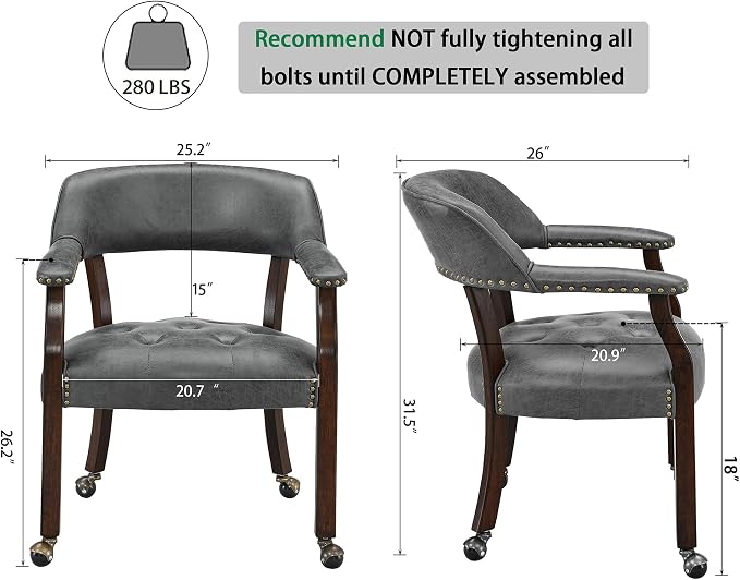 LEEMTORIG Dining Chairs with Casters and Arms, Rolling Dining Chairs with Wheels for Elderly, Ergonomic Wide Seat Wooden Office Desk Chairs, 26"D x 25.2"W, Espresso Legs & Dark Grey Fabric SY-318-GY
