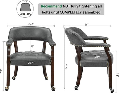 LEEMTORIG Dining Chairs with Casters and Arms, Rolling Dining Chairs with Wheels for Elderly, Ergonomic Wide Seat Wooden Office Desk Chairs, 26"D x 25.2"W, Espresso Legs & Dark Grey Fabric SY-318-GY