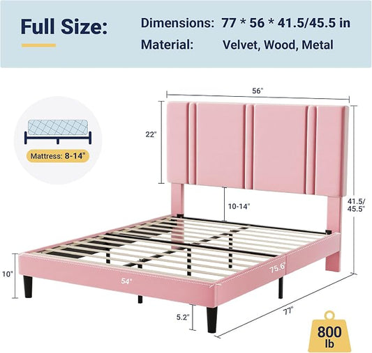Allewie Full Size Platform Bed Frame with Adjustable Headboard, Plush Velvet Upholstered, Vertical Channel Tufted, Sturdy Wooden Slats, No Box Spring Needed, Easy Assembly, Pink