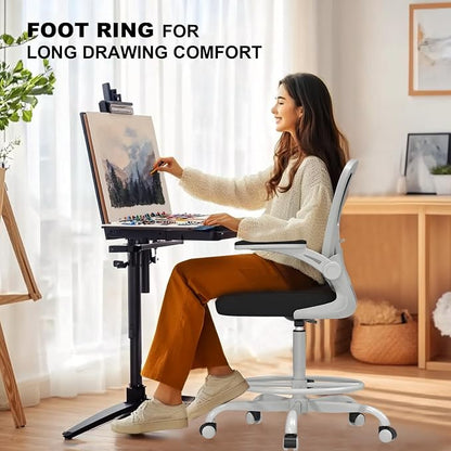 Synorla Ergonomic Drafting Chair, Tall Mesh Office Chair with Flip-up Armrests, Lumbar Support Adjustable Footrest Ring for Standing Desk Gray Pink