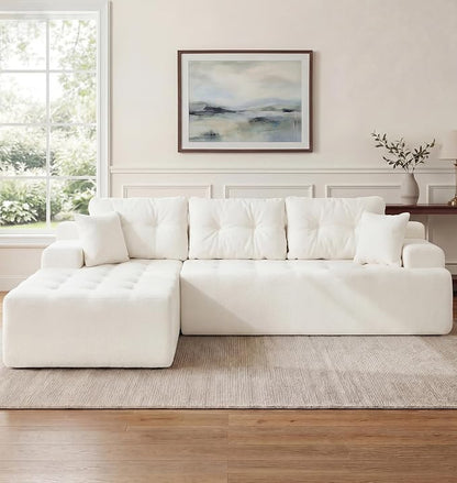 Hobestluk Modular Sectional Sofa Couches L-Shape Couch 3 Seat Modular Sofa Memory Foam Sectional Couches for Living Room, Cloud Couch with Oversized Chaise (White Tufted, 108", Left Hand Facing)
