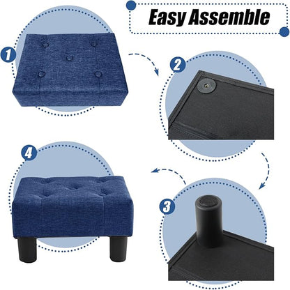 BRIAN & DANY Small Foot Stool, Linen Foot Stools with Legs, Stable Small Footstool for Living Room, Blue