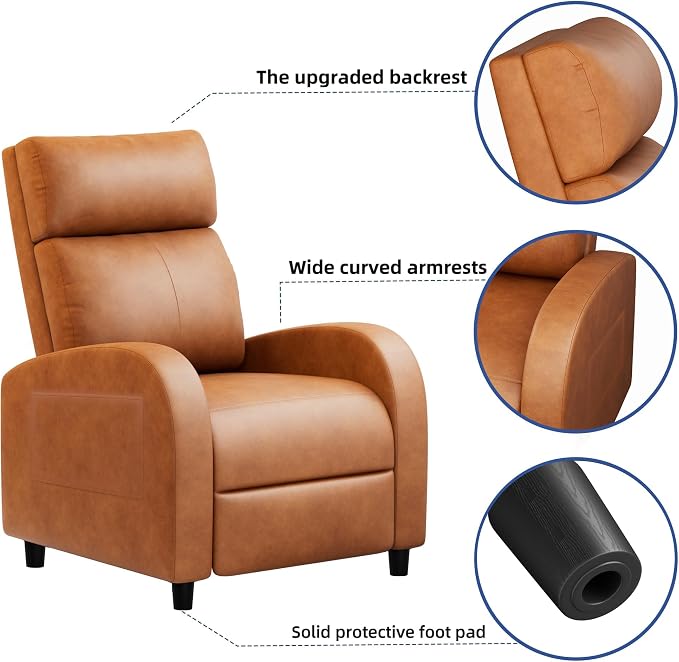 JUMMICO Recliner Chair Adjustable Home Theater Single Recliner Sofa Furniture with Thick Seat Cushion and Backrest Modern Living Room Recliners (Leather, Brown)