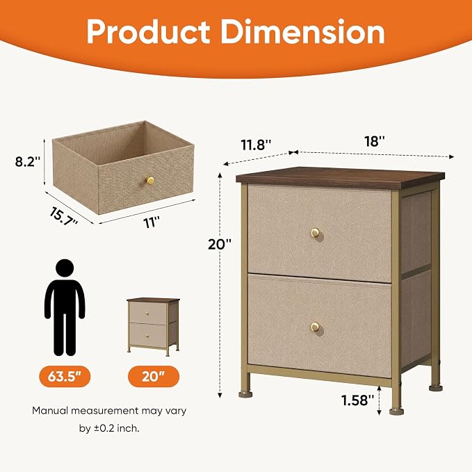 Sweetcrispy Nightstand Set of 2 with 2 Storage Drawers, Small Bedside Table | 20" Height Furniture End Table, Wooden Top Fabric Cabinet for Bedroom, Closet, Entryway, Khaki 2Pack