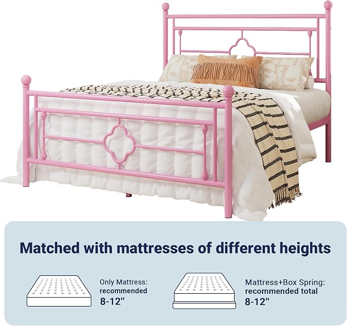 Allewie Full Size Metal Platform Bed Frame with Victorian Vintage Headboard and Footboard/Mattress Foundation/Under Bed Storage/No Box Spring Needed/Noise-Free/Easy Assembly, Pink