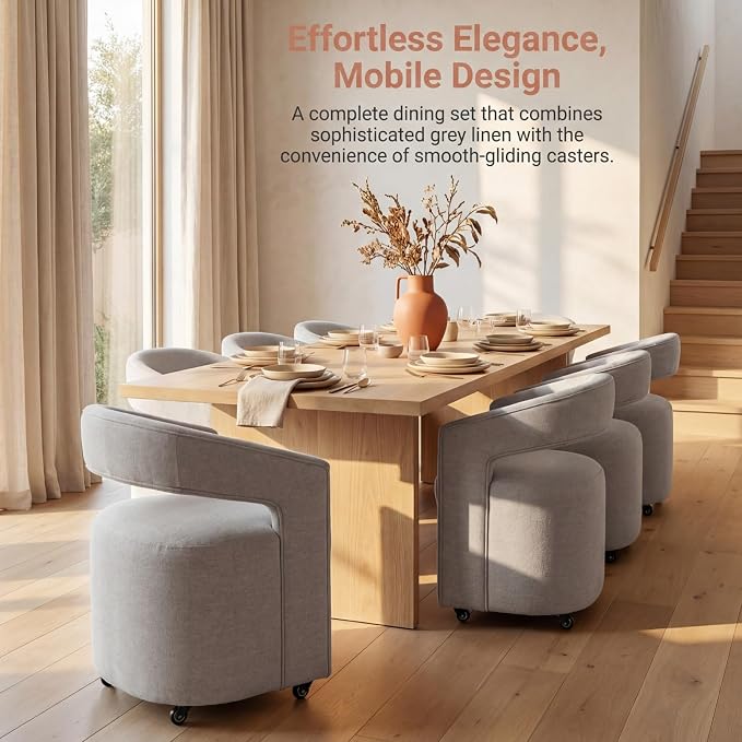 HNY Light Grey Linen Upholstered Dining Chairs Set of 3 – 360° Swivel Kitchen Seating with Casters & Barrel Open Back, Upholstered Rolling Chairs for Living Room, Dining Room