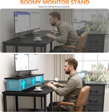 Korfile 59 inch L Shaped Computer Desk with Power Outlets, Home Office Desk with 4 Adjustable Storage Drawers & 2 Monitor Stands, Two Person Gaming Table for Bedroom, Black