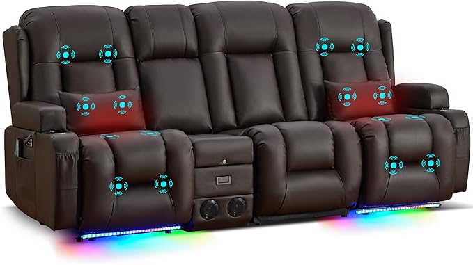 URRED Power Loveseat Recliner Sofa with Massage and Heat, Wall Hugger Reclining Loveseat with Console, RV Couch Home Theater Seating with LED Lights for Living Room (Dark Brown, 89.8" - 3 Seats)
