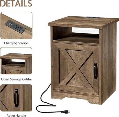 LUXOAK 3-Piece Farmhouse Living Room Table Sets, Includes 1 x Coffee Table, 2 x End Tables with Charging Station & USB Ports, Rustic Coffee Table Set of 3, Barnwood