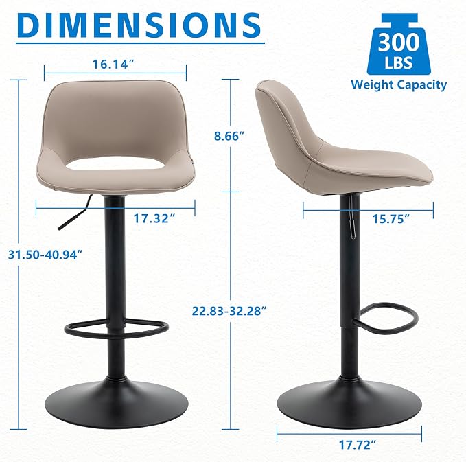 YOUNIKE Bar Stools Set of 2 Compact Modern Swivel Barstools, Adjustable Counter Height Bar Stools Faux Leather Upholstered Bar Chairs with Back for Kitchen Island, Khaki