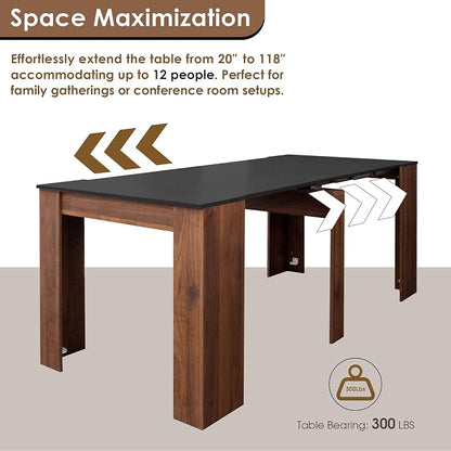 20"-118" Extendable Dining Table for 2-12 People, Modern Modular Extension Table, Space-Saving Extra Long Multifunctional Folding Dining Table, Walnut&Black