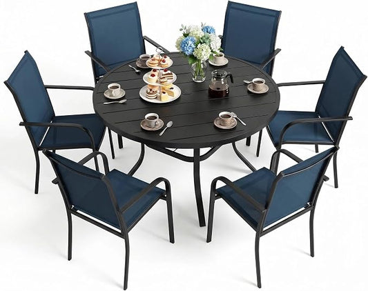 SUNCROWN 7 - Piece Outdoor Dining Set, Patio Furniture Set with 6 x Textilene Dinning Chairs and 53" Metal Round Table with Umbrella Hole for Lawn Garden Backyard Deck, Blue