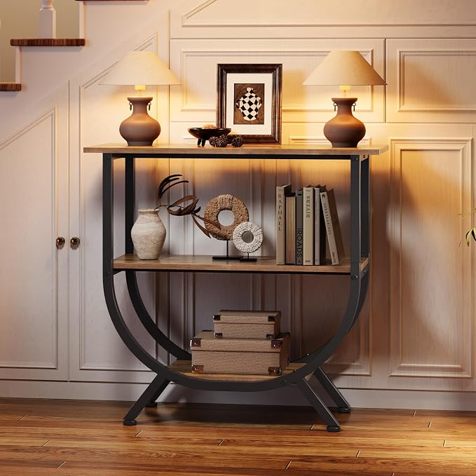 Trironsun 3 Tier Console Table with Storage 30" Height Entryway Table with Open Shelves Industrial Sofa Table Behind Couch for Living Room Hallway Entrance (Rustic Brown)