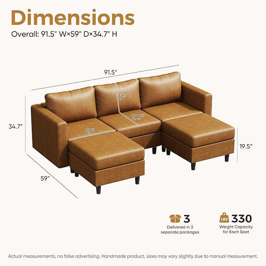 ABCASA Faux Leather U Shaped Modular Sectional Sofa 91.5", 5 Seater Couch with Movable Ottoman Deep Seat and Storage Seat with Removable Cover for Living Room, Apartment - Brown