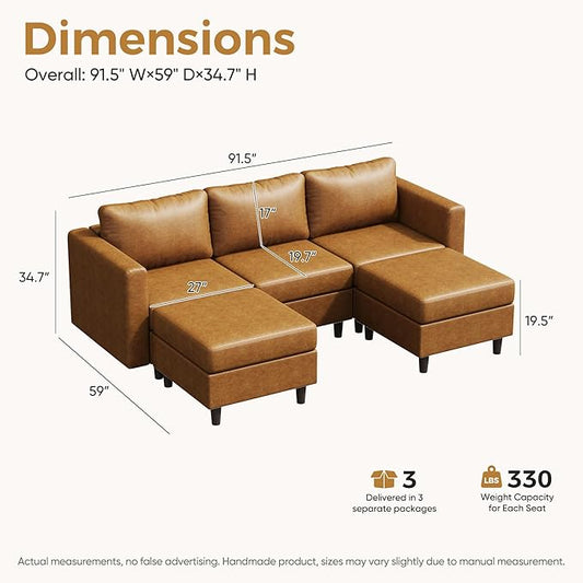 ABCASA Brown Leather Oversized Modular Sectional Sofa with Ottoman, 5 Seater U Shaped Couch with Storage Seat, Comfy Pet-Friendly Faux Leather Couches for Living Room,Apartment,Brown