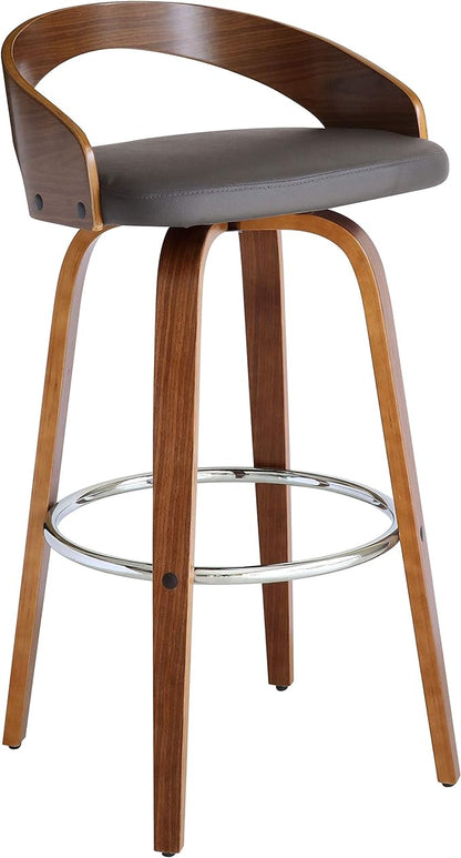 Armen Living Sonia 30" Bar Height Swivel Gray Faux Leather and Walnut Wood Bar Stool - Set of 4