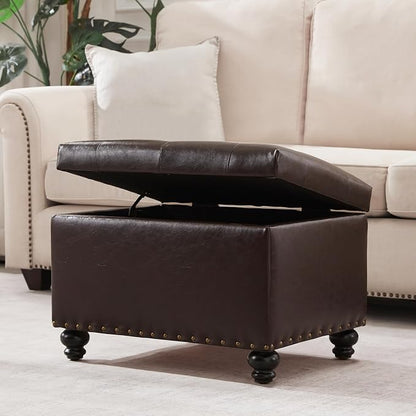 Zihanhome Leather Ottoman with Storage, Upholstered Button Tufted Ottoman Foot Rest, Foot Stools, 24" Rectangle Ottomans with Storage for Living Room, Bedroom, Dorms and Apartments (Brown-PU)