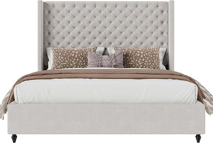 Jocisland Queen Size Bed Frame with 63" Tall Headboard, Upholstered Wingback Platform Design, Handcrafted Pleats & Deep Button Tufted, Solid Wood Legs, No Box Spring Needed, Ash White