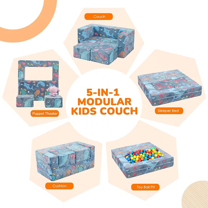 MeMoreCool Mermaid Glow-in-the-Dark Kids Play Couch, Denim Mermaid Modular Toddler Couch for Girls, Convertible Foam Sofa Bed for Playroom Bedroom, 220 lbs Capacity