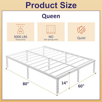 YUSENHEEI 14 Inch Queen Bed Frame No Box Spring Needed, Heavy Duty Metal Bed Frame Queen Size with Large Underbed Storage Space, Noise Free, Easy Assembly, White