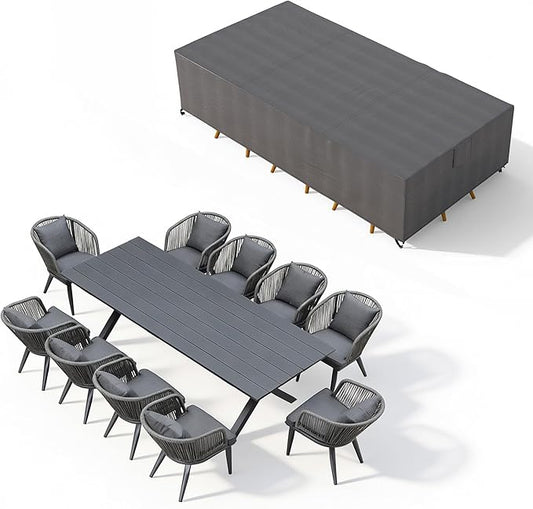 PURPLE LEAF 11 Pieces Patio Dining Set with Waterproof Furniture Cover Rectangular Table and Chairs Set for Garden Deck Aluminum Frame Backyard Kitchen Set, Cushions and Pillows Included Grey