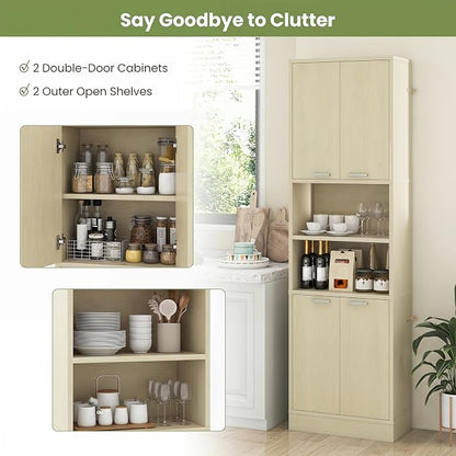 Giantex Kitchen Pantry Cabinet, 75'' Tall Freestanding Cupboard with Doors & Shelves, Safety Hinges & Anti-Tipping Devices, Storage Sideboard for Dining Room, Living Room (Light Oak)