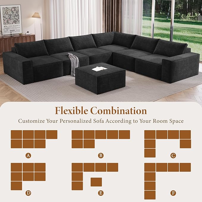 Vesgantti 143.7" Boneless Couch for Living Room, 6 Seater Modular Sectional Sofa with Ottoman & Deep Seat, Convertible Chenille Oversized Cloud Couches, No Assembly Required, Black