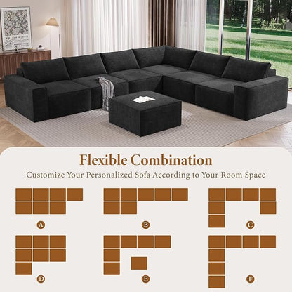 Vesgantti 143.7" Oversized Boneless Couch, Modern 7 Seater Modular Sectional Sofa with Deep Seat, Convertible Chenille Cloud Couches for Living Room, No Assembly Required, Black