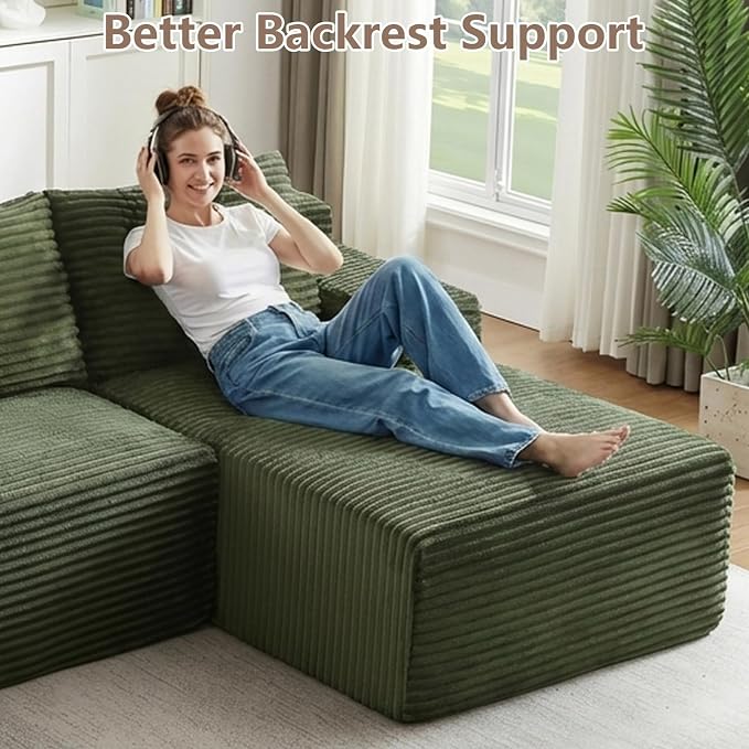 96" Cloud Sectional Couch U-Shaped Chaise with Ottoman, Corduroy Boneless Couch for Living Room Bedroom, Deep-Seat Upholstered Modular Cloud Sofa, No Assembly Required (Green, Right Facing Chaise)
