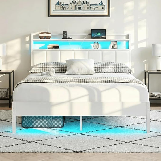 Queen Size Bed Frame with Upholstered Headboard and 2-Tier Storage Shelves | Metal / Charging Station / LED Lights / Under Bed Storage / Non-slip/ Noise Free / No Box Spring Needed / White