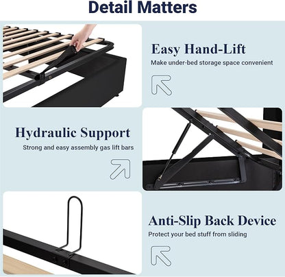 Allewie Full Size Lift Up Hydraulic Storage Bed Frame, 2-Tier Shelf Headboard with LED Lights and Charging Station, USB and Type C Ports, Wingback Velvet Headboard, No Box Spring Needed, Black