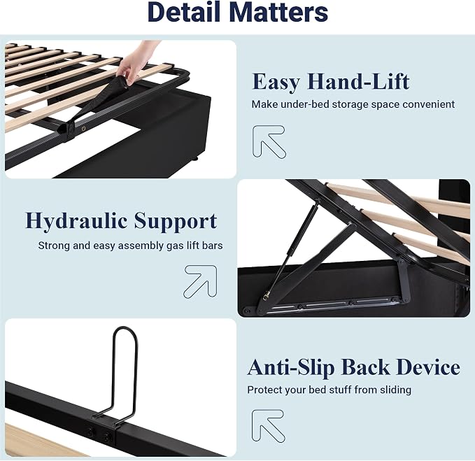 Allewie Queen Size Lift Up Hydraulic Storage Bed Frame, 2-Tier Shelf Headboard with LED Lights and Charging Station, USB and Type C Ports, Wingback Velvet Headboard, No Box Spring Needed, Black