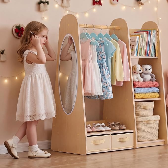 VEVOR Kids Dress Up Storage, with Mirror, Dress Up Closet, Toddler Wardrobe Closet for Little Girls, Armoire with Shelves & Bottom Tray, Costume Organizer, Toddler Room Furniture, for Bedroom, Natural