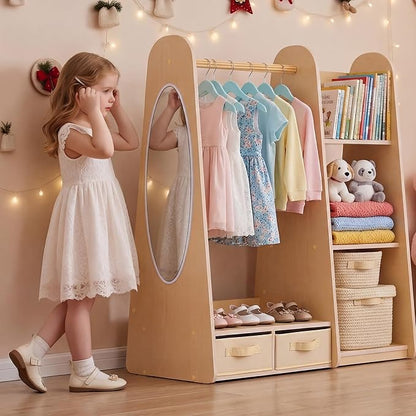 VEVOR Kids Dress Up Storage, with Mirror, Dress Up Closet, Toddler Wardrobe Closet for Little Girls, Armoire with Shelves & Bottom Tray, Costume Organizer, Toddler Room Furniture, for Bedroom, Natural