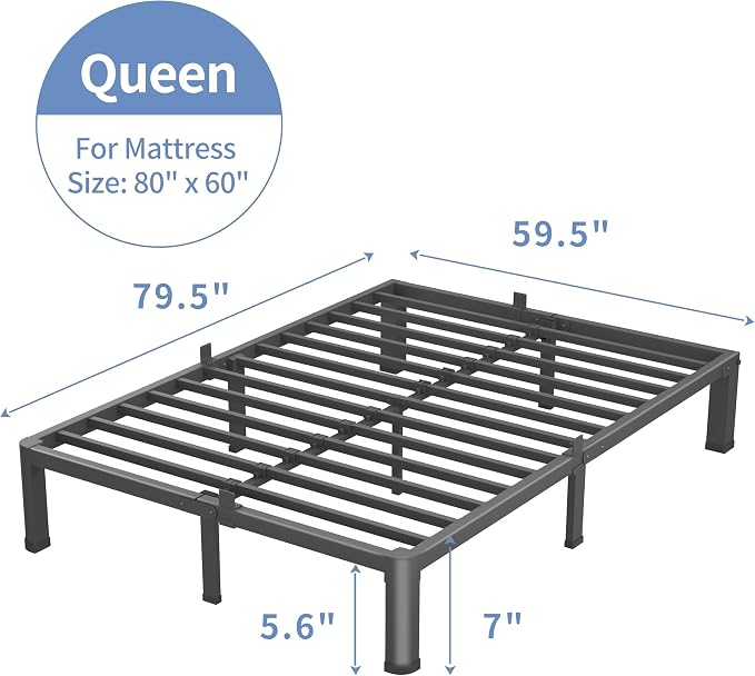 VIPSHOW 7 Inch Queen Bed Frame, 3500Lbs Heavy Duty Metal Platform with Round Corner Legs Mattress Slide Stopper, Steel Slat Support No Box Spring Needed, Noise Free, Non-Slip, Easy Assembly