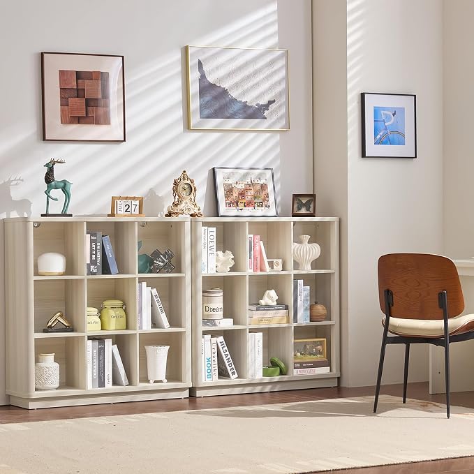9 Cube Storage Book Shelf, 41" Tall Organizer Bookcase with Curved Edge, Wood Floor Standing 3-Tier Cubby Bookshelf with Base, Vintage Display Book Case for Bedroom,Office,White-Grey Cream Oak