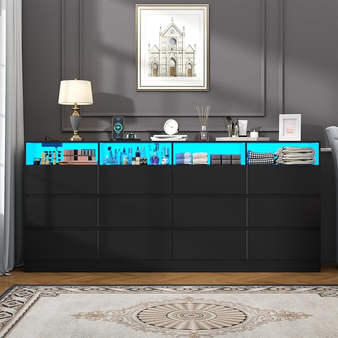 Gyfimoie 63" Wide 6-Drawer Black Dresser with Divided Compartments, Charging Station & LED Lights, TV Stand for TVs up to 75", Large Organizer with 4 Open Cubbies