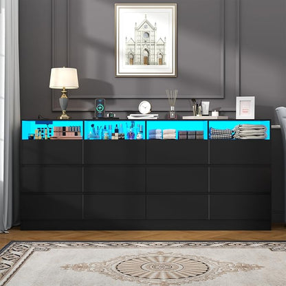 Gyfimoie 63" Wide 6-Drawer Black Dresser with Divided Compartments, Charging Station & LED Lights, TV Stand for TVs up to 75", Large Organizer with 4 Open Cubbies