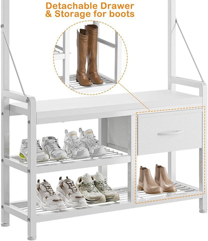 Lulive Hall Tree, 31.5” Entryway Bench with Coat Rack freestanding, 5 in 1 Intelligent Design Shoe Bench and Wall Rack 17 Hooks and Drawers (White)