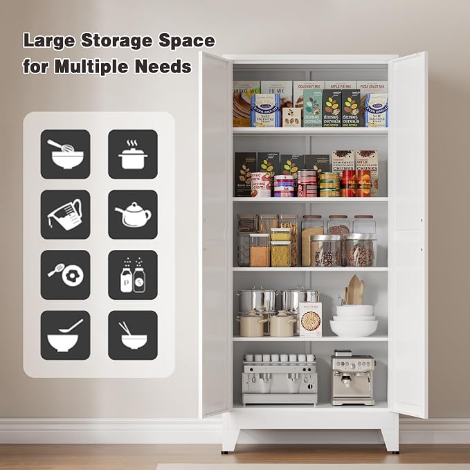 71" Tall Metal Pantry Cabinet, Kitchen Storage Cabinet with 2 Doors and 4 Adjustable Shelves for Kitchen, Living Room, Dining Room, Bathroom and Home, Office (White, 1PC)