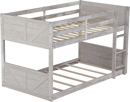 Twin Over Twin Floor Bunk Bed with Ladder,Rustic Rubber Wood Kids Beds with Panelled Headboard & Footboard,Safety Guardrails,Low-Profile Space-Saving Vintage Bunks for Children Bedroom,Antique White