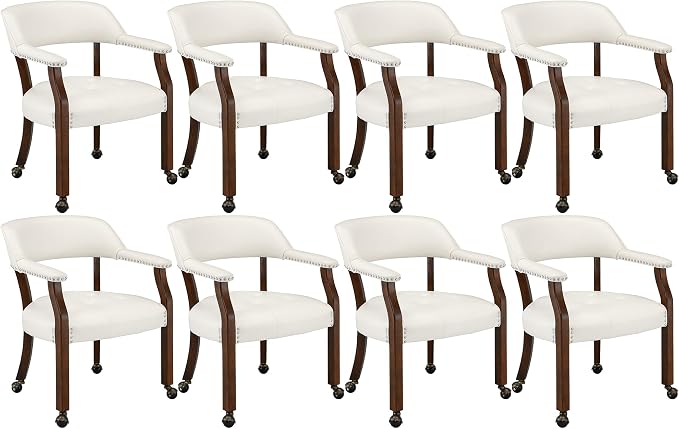 LEEMTORIG Set of 8 Large Dining Chairs with Casters and Arms, Rolling Dining Chairs with Wheels, Poker Chairs, Solid Wood Boss Caption's Chair, 26"D x 25.2"W x 31.5"H, Cherry Legs & Ivory, SY-1533-WT
