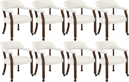 LEEMTORIG Set of 8 Large Dining Chairs with Casters and Arms, Rolling Dining Chairs with Wheels, Poker Chairs, Solid Wood Boss Caption's Chair, 26"D x 25.2"W x 31.5"H, Cherry Legs & Ivory, SY-1533-WT