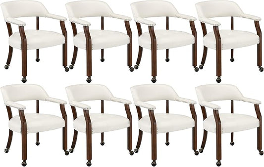 LEEMTORIG Set of 8 Large Dining Chairs with Casters and Arms, Rolling Dining Chairs with Wheels, Poker Chairs, Solid Wood Boss Caption's Chair, 26"D x 25.2"W x 31.5"H, Cherry Legs & Ivory, SY-1533-WT