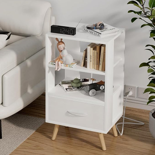 Aenuert Night Stand with Charging Station, White Nightstand with Drawer, 3-Tier Wooden Bedside Table with USB Ports and Outlets, End Table for Small Space, Living Room, Bedroom