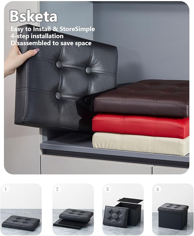 Bsketa 2PC Storage Ottoman, Folding Foot Stool with Thicker Foam Padded Seat Small Leather Storage Ottoman Bench Foot Rest for Living Room Foldable Coffee Table 17x13x13in,Black